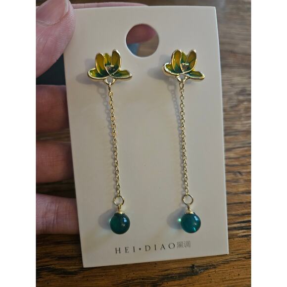 Hei Diao Chic Chinese Style Silver-Tone & Jade Enamel Lotus Tassel Drop Earrings - Picture 1 of 9
